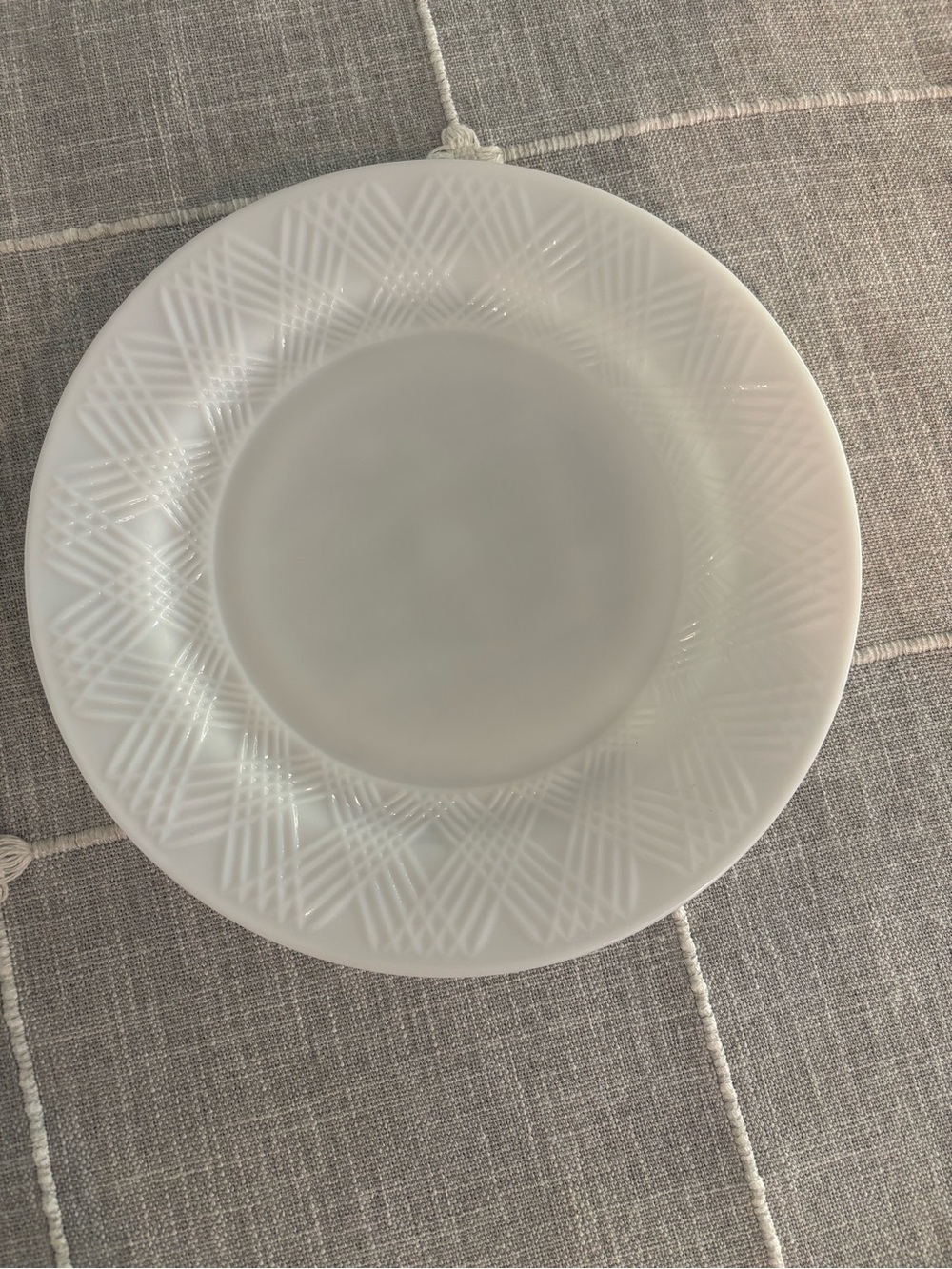Vintage White Milk Glass Hazel Atlas 9" Plate Starlight Crosshatch 1938-40